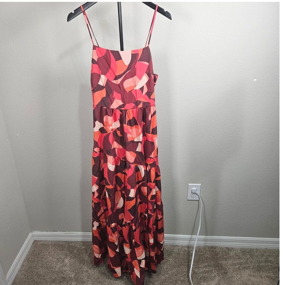 Nine West Maxi Dress Womens Small Burgundy Coral Abstract Tiered Boho Aesthetic